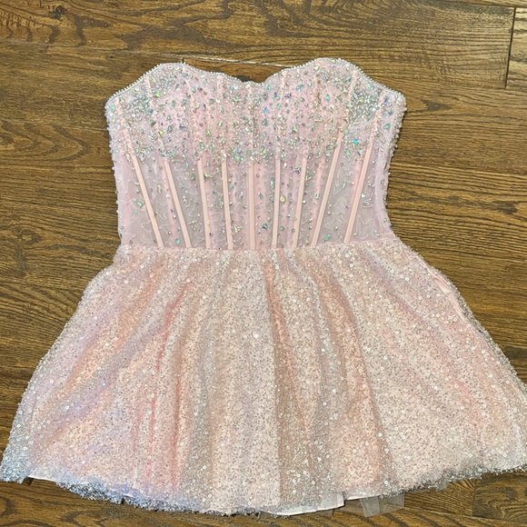 Stacees Pink Sequin Strapless Mini Dress | Size 16 | Homecoming Prom Party - Picture 1 of 4